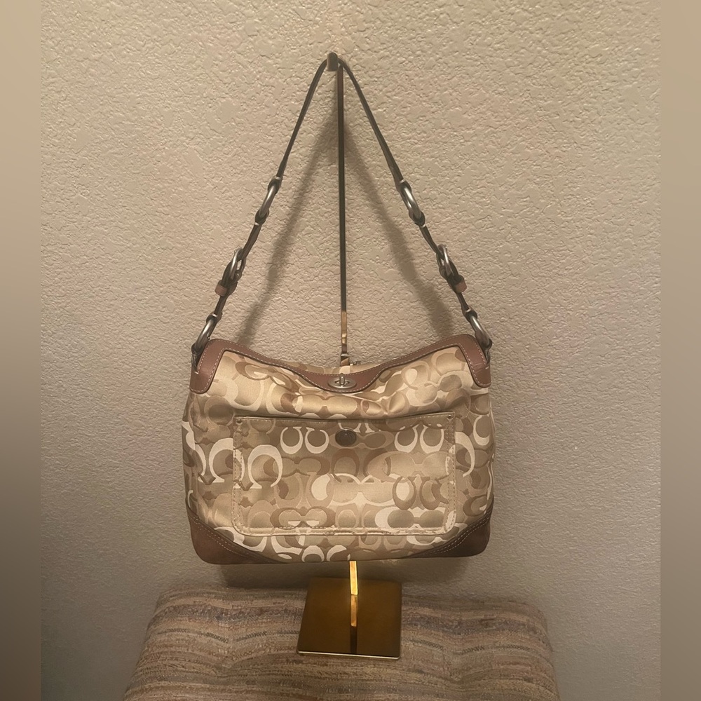 Coach Beige Signature Canvas Shoulder Bag with Brown Leather Trim